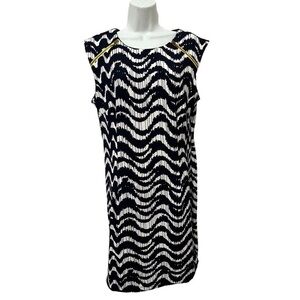 KARIN ROGERS Dark Navy & White Pullover Shift Dress, Yellow & Gold Zippers, 14